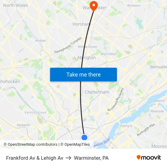 Frankford Av & Lehigh Av to Warminster, PA map