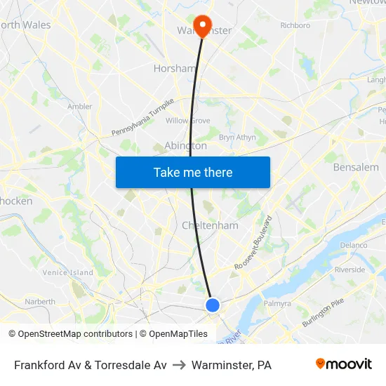 Frankford Av & Torresdale Av to Warminster, PA map