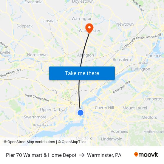 Pier 70 Walmart & Home Depot to Warminster, PA map