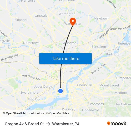 Oregon Av & Broad St to Warminster, PA map