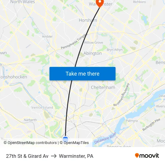 27th St & Girard Av to Warminster, PA map