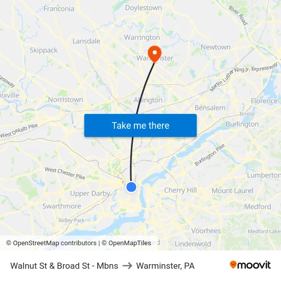 Walnut St & Broad St - Mbns to Warminster, PA map