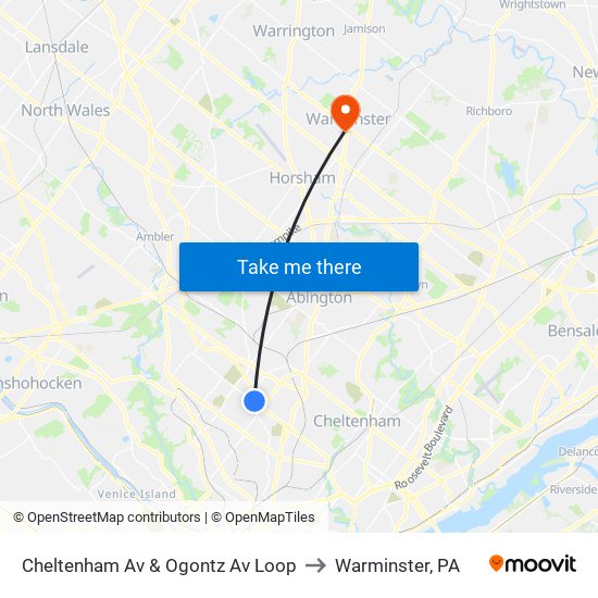 Cheltenham Av & Ogontz Av Loop to Warminster, PA map