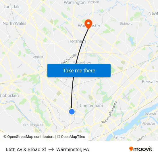66th Av & Broad St to Warminster, PA map