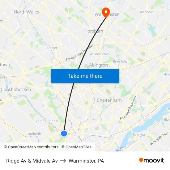 Ridge Av & Midvale Av to Warminster, PA map