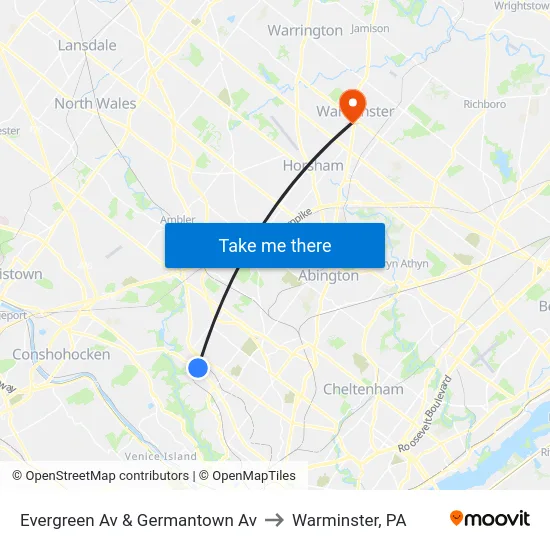 Evergreen Av & Germantown Av to Warminster, PA map