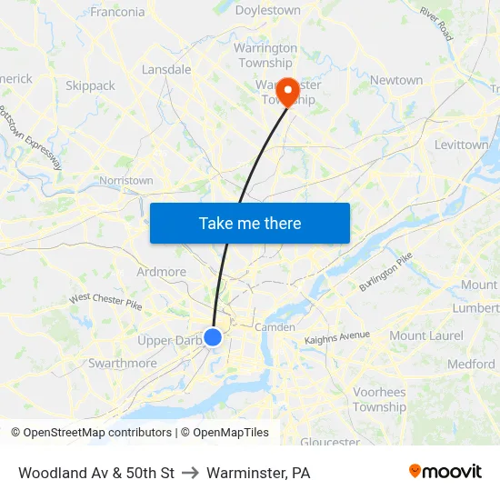 Woodland Av & 50th St to Warminster, PA map