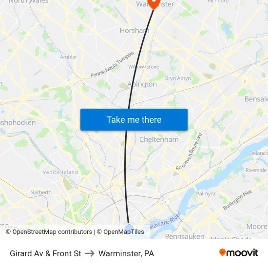 Girard Av & Front St to Warminster, PA map