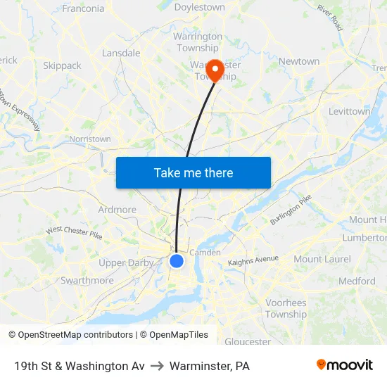 19th St & Washington Av to Warminster, PA map