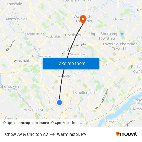 Chew Av & Chelten Av to Warminster, PA map