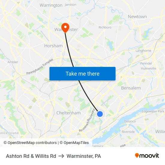 Ashton Rd & Willits Rd to Warminster, PA map