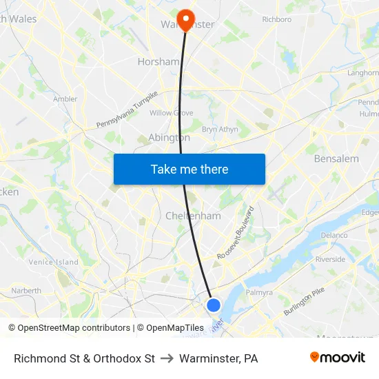 Richmond St & Orthodox St to Warminster, PA map
