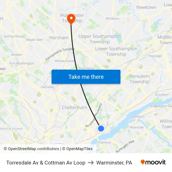 Torresdale Av & Cottman Av Loop to Warminster, PA map