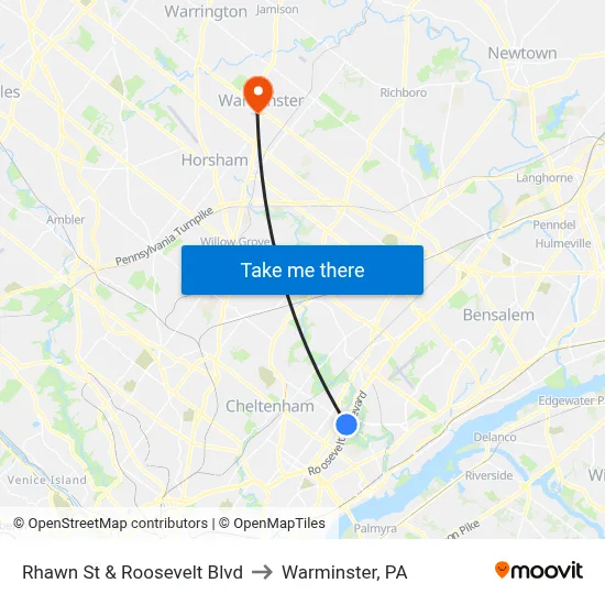 Rhawn St & Roosevelt Blvd to Warminster, PA map