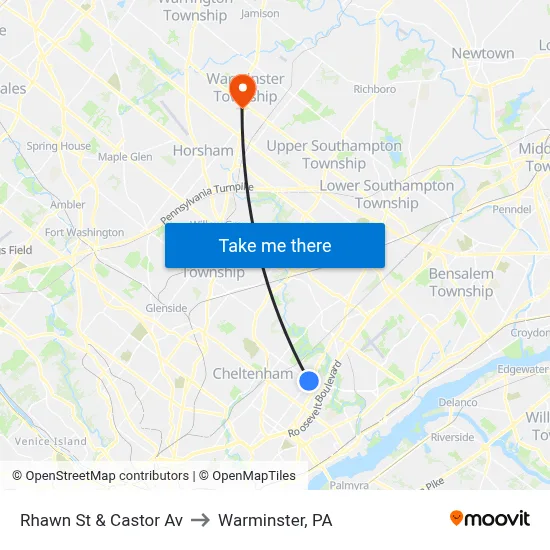 Rhawn St & Castor Av to Warminster, PA map