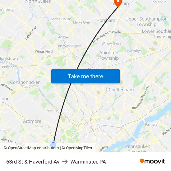 63rd St & Haverford Av to Warminster, PA map