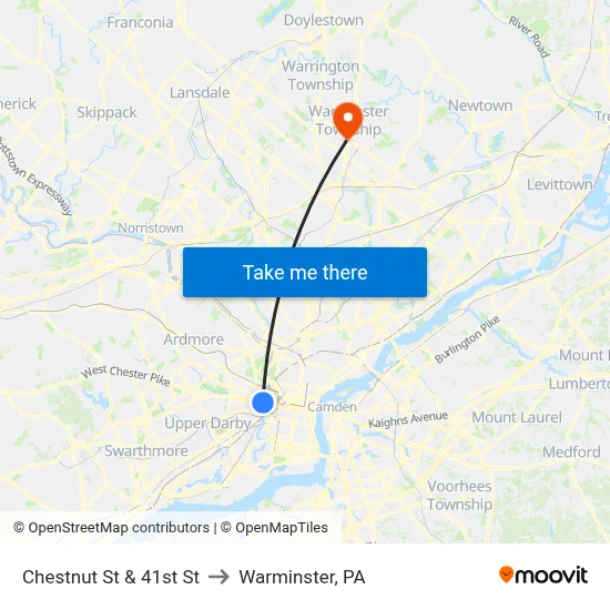 Chestnut St & 41st St to Warminster, PA map