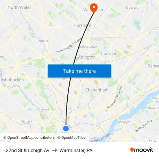 22nd St & Lehigh Av to Warminster, PA map