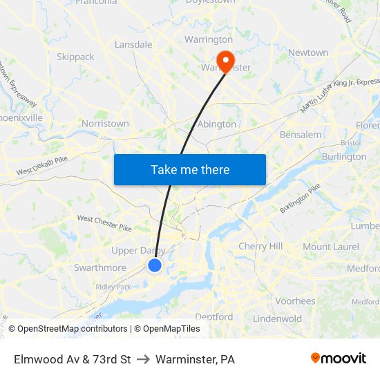 Elmwood Av & 73rd St to Warminster, PA map