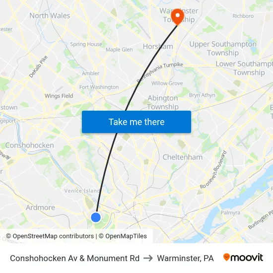 Conshohocken Av & Monument Rd to Warminster, PA map