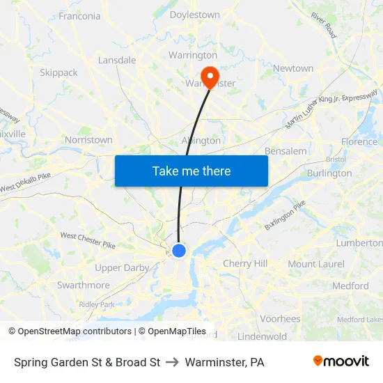 Spring Garden St & Broad St to Warminster, PA map