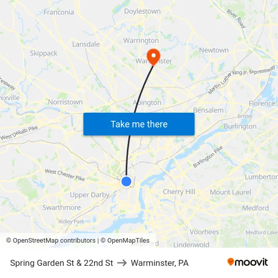 Spring Garden St & 22nd St to Warminster, PA map