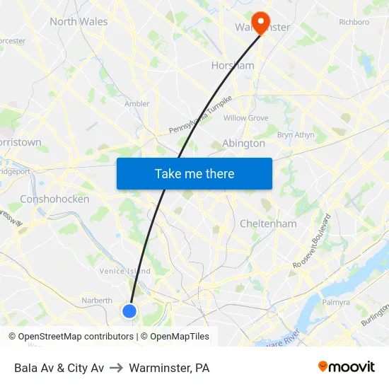 Bala Av & City Av to Warminster, PA map