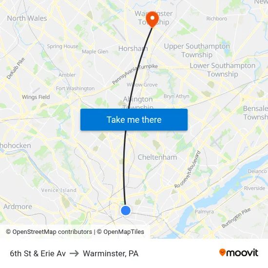 6th St & Erie Av to Warminster, PA map
