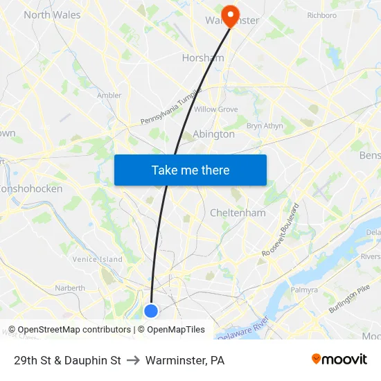 29th St & Dauphin St to Warminster, PA map