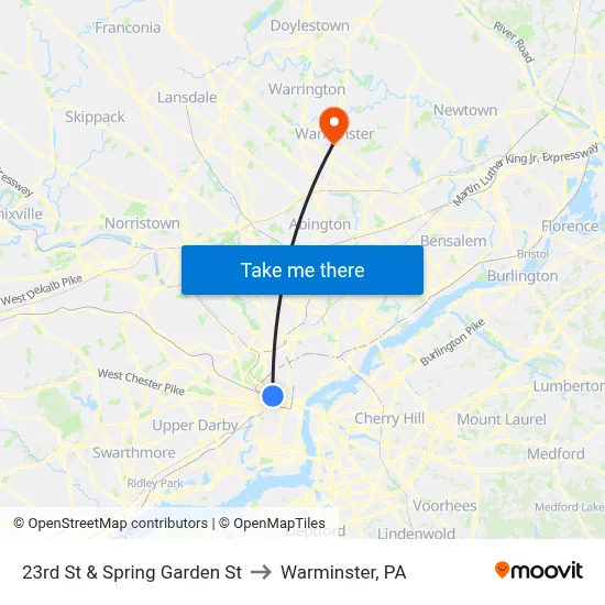 23rd St & Spring Garden St to Warminster, PA map