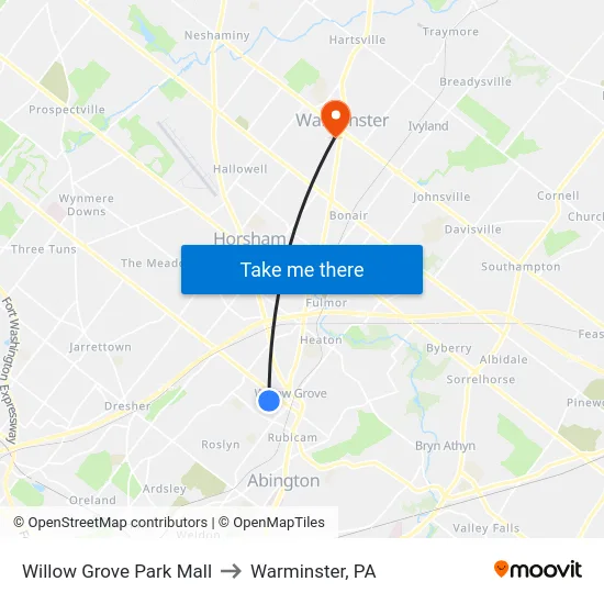 Willow Grove Park Mall to Warminster, PA map