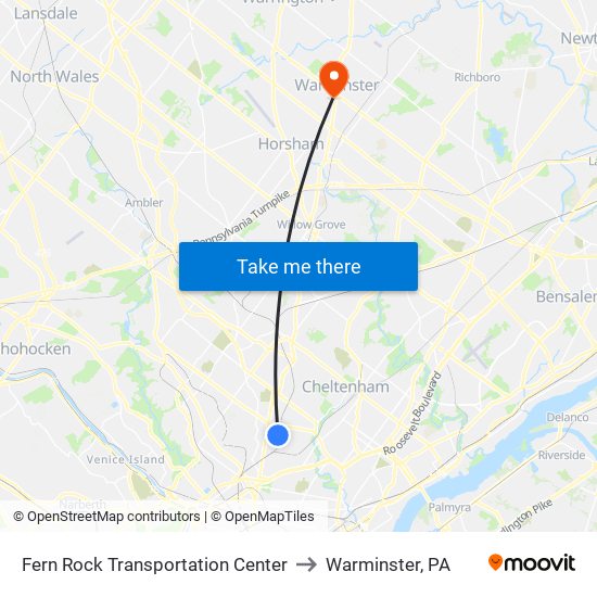 Fern Rock Transportation Center to Warminster, PA map
