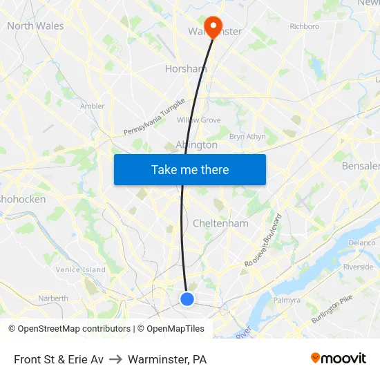 Front St & Erie Av to Warminster, PA map