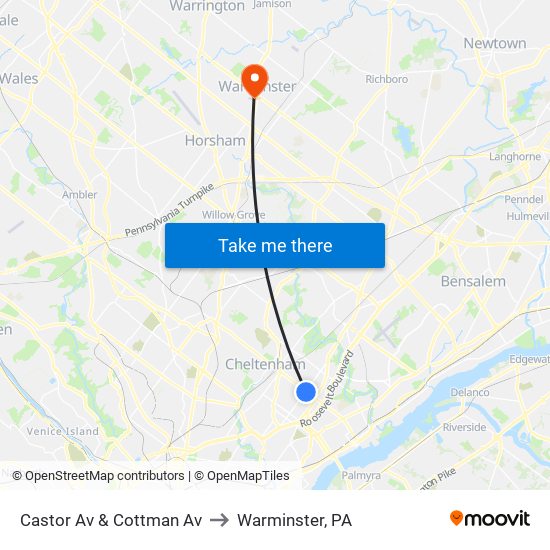 Castor Av & Cottman Av to Warminster, PA map