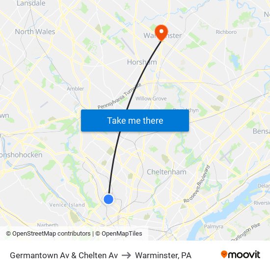 Germantown Av & Chelten Av to Warminster, PA map