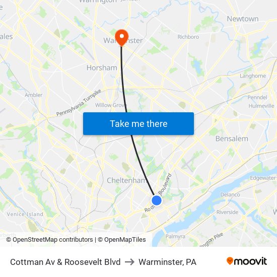 Cottman Av & Roosevelt Blvd to Warminster, PA map