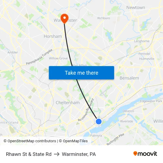 Rhawn St & State Rd to Warminster, PA map