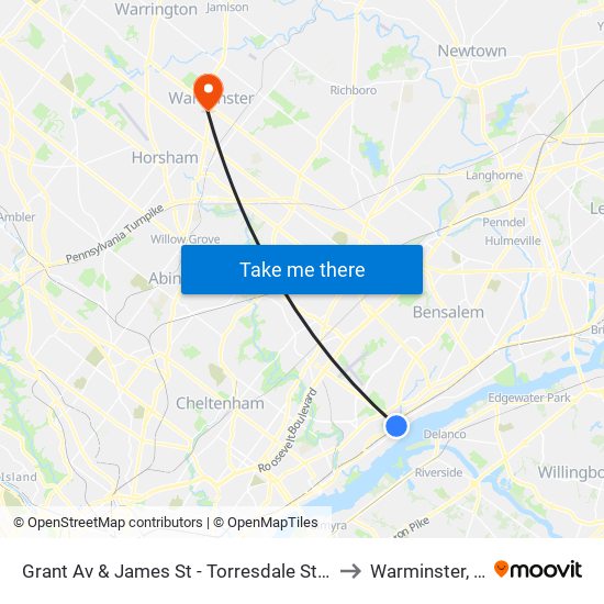 Grant Av & James St - Torresdale Station to Warminster, PA map