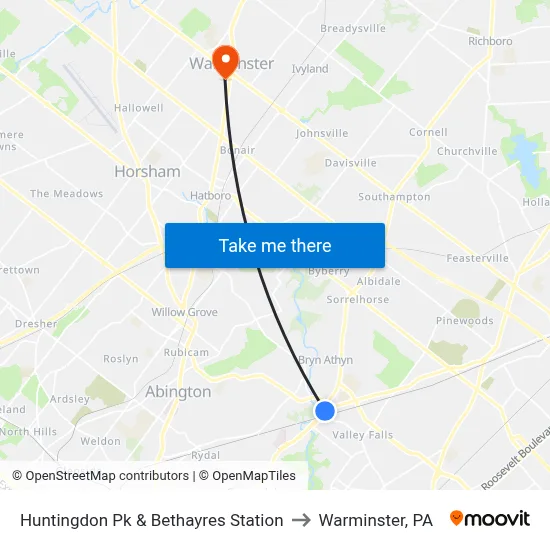 Huntingdon Pk & Bethayres Station to Warminster, PA map