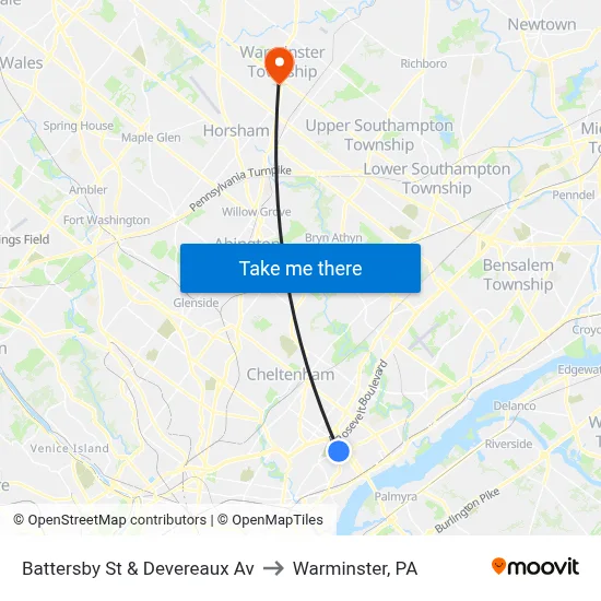 Battersby St & Devereaux Av to Warminster, PA map