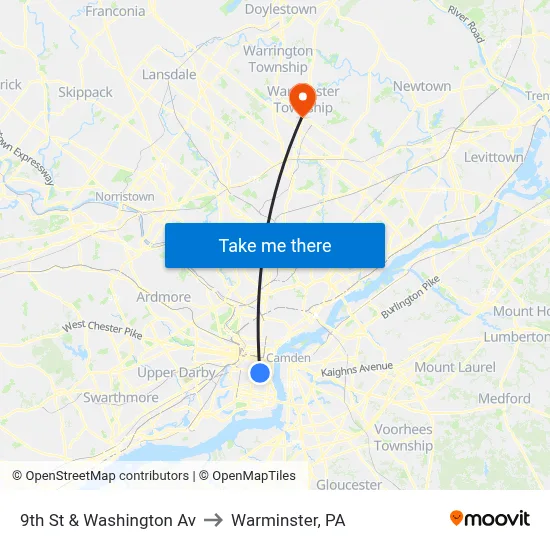 9th St & Washington Av to Warminster, PA map
