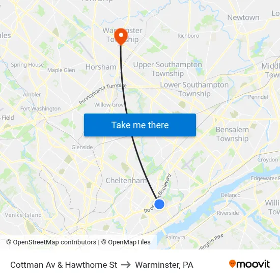 Cottman Av & Hawthorne St to Warminster, PA map