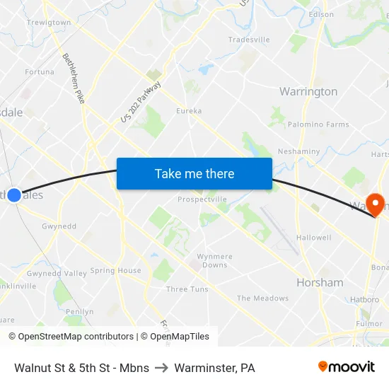 Walnut St & 5th St - Mbns to Warminster, PA map