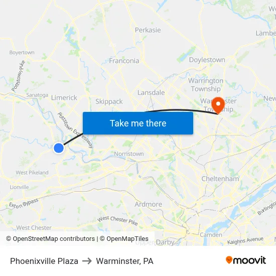 Phoenixville Plaza to Warminster, PA map
