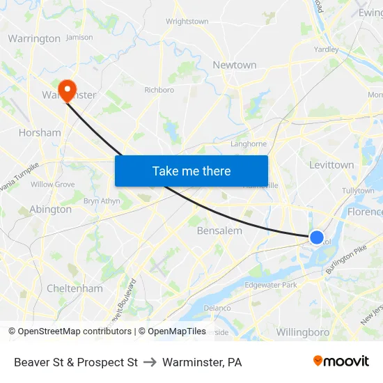 Beaver St & Prospect St to Warminster, PA map