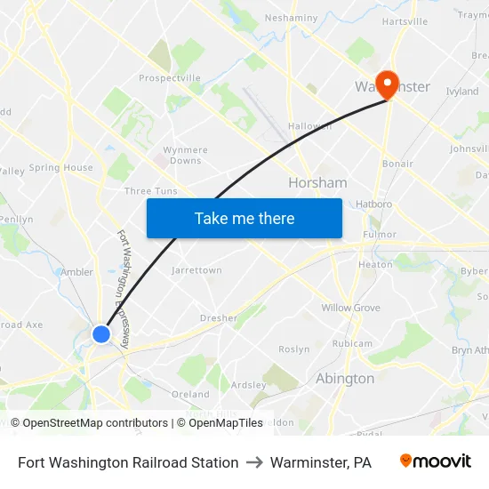 Fort Washington Railroad Station to Warminster, PA map