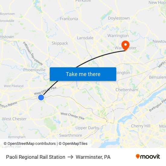 Paoli Regional Rail Station to Warminster, PA map