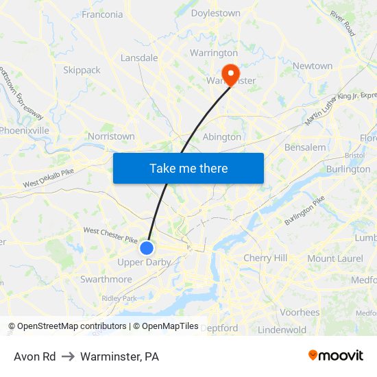 Avon Rd to Warminster, PA map