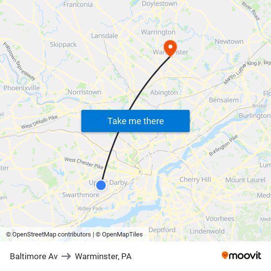 Baltimore Av to Warminster, PA map