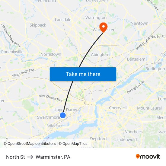 North St to Warminster, PA map